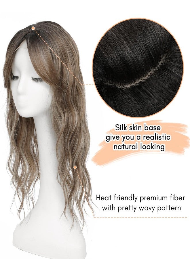 UDU Hair Toppers for Women 20inch Wavy Hair Toppers for Women Toppers Hair Pieces for Women with Thinning Hair Ombre Highlight Synthetic Wig Clip In Hair Topper Wiglets with Fringe Bang Add Hair Volume - Image 2